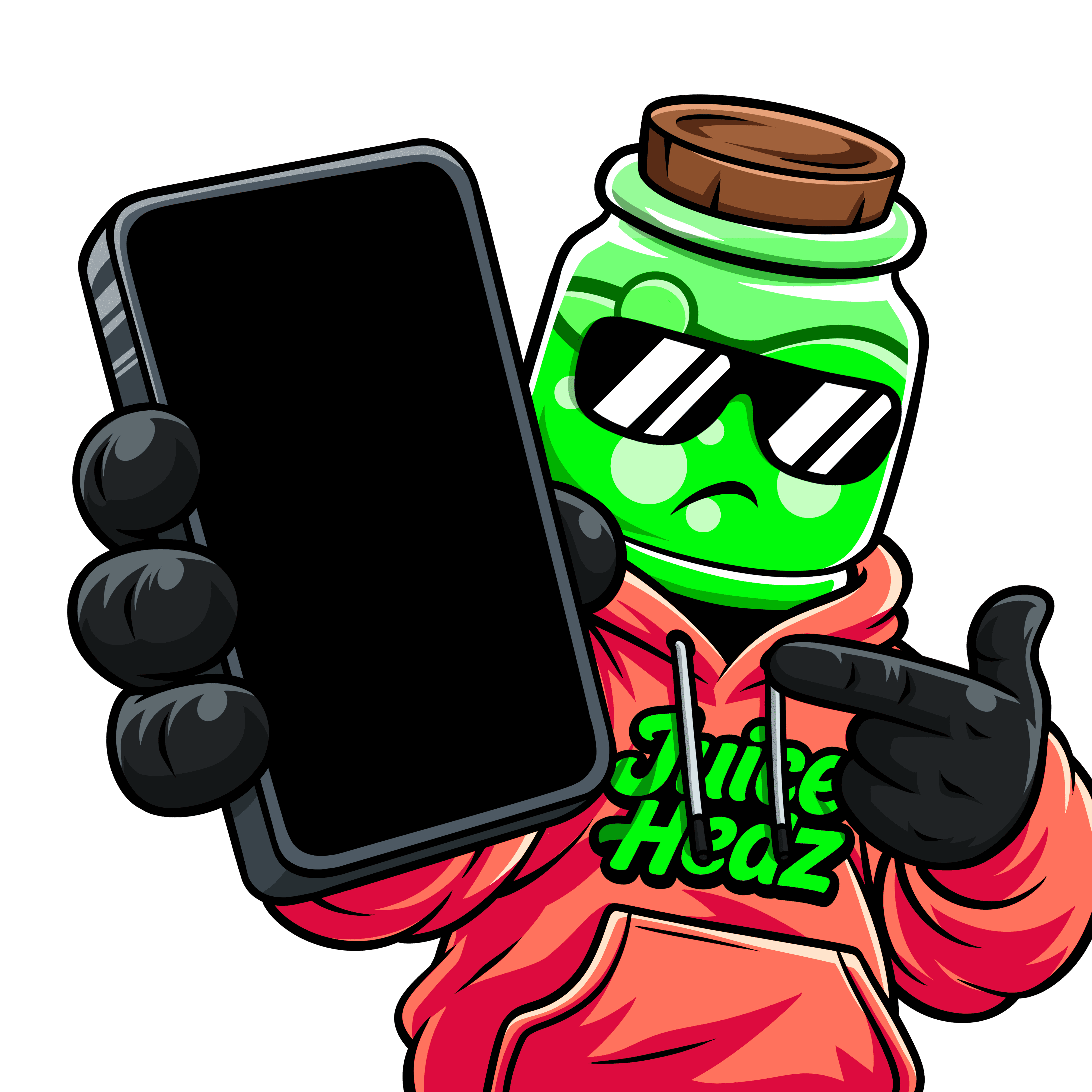A JuiceHedz Hed in shades holding up a phone